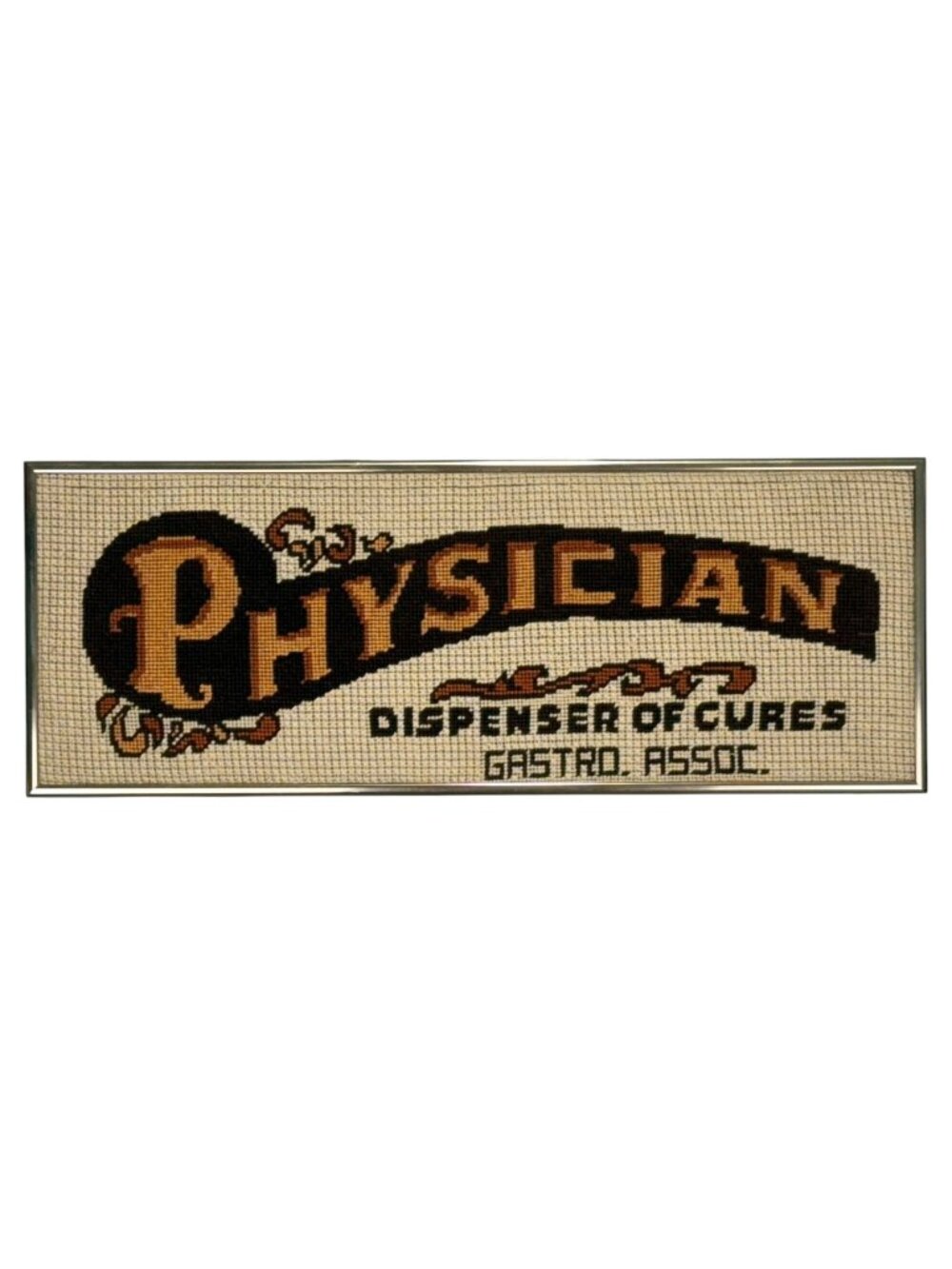 Vintage Framed Needlepoint Art "Physician Dispenser Of Cures" Wall Decor 19" x 7